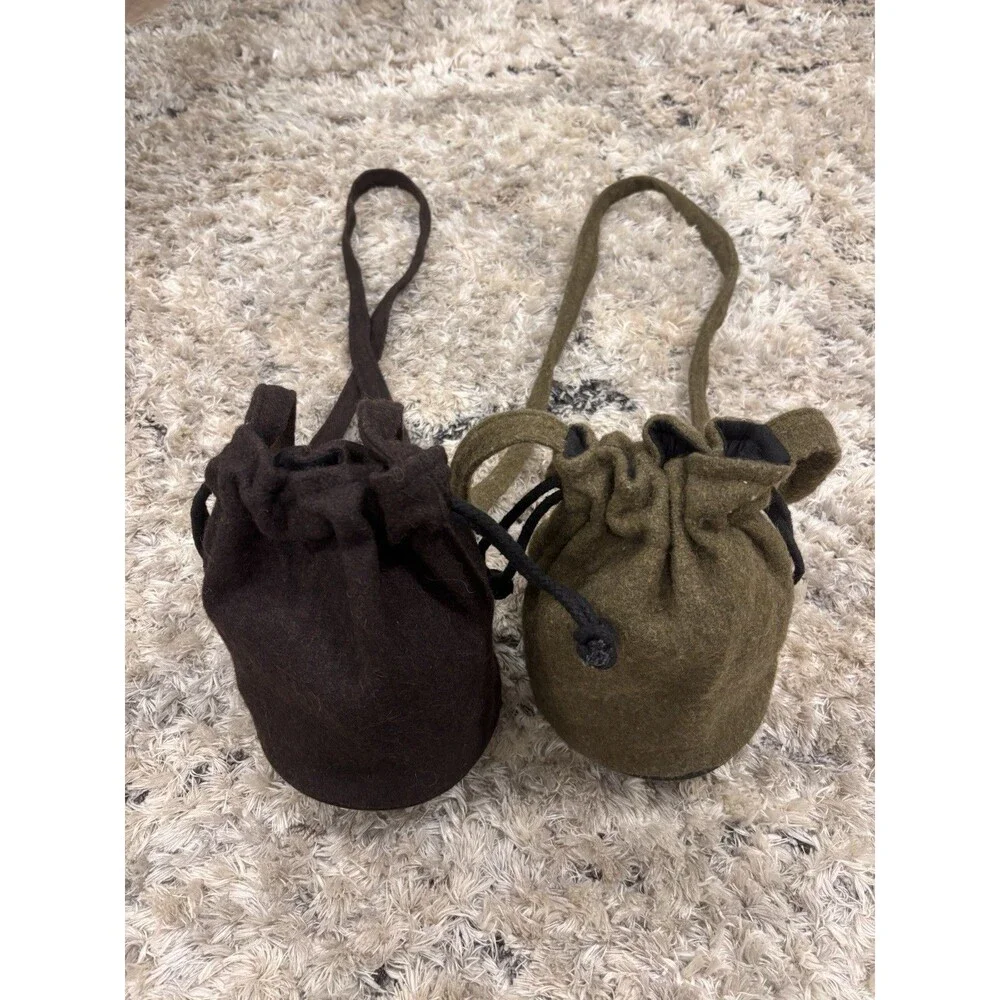 Lot 2 Handmade 100% Wool Felt Drawstring Crossbody Pouches Nepal Brown Olive
